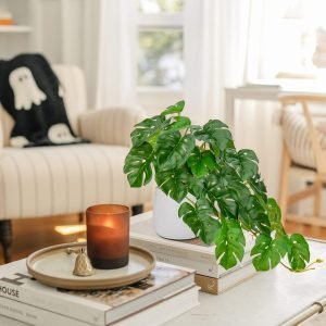 Fake Plants Indoor 8 Inch Artificial Monstera Leaves in Ceramic Pot - Faux Potted Tropical Palm Plant for Home Aesthetic Decor Living Room Shelf Office