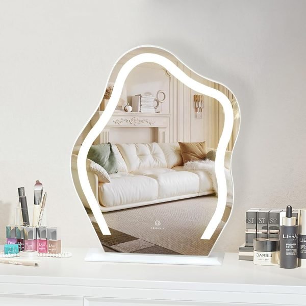 Vanity Mirror with Lights 17.7" X 21.6" Irregular Cute Cloud Lighted Makeup Mirror with Dimmable 3 Light Modes Esthetics Hollywood Mirror for Tabletop Wall-Mounted Bedroom Beauty Salon