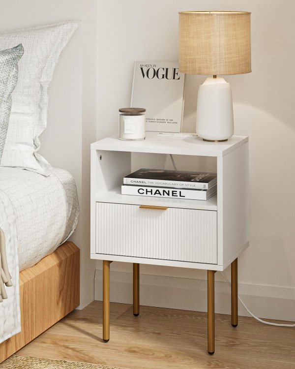 71gKhQK49AL._AC_SL1500 Nightstand with Charging Station,Small Bedside Table with Gold Frame,White Night Stand,Bedside Furniture,Side Table with Drawer and Shelf for Bedroom,Living Room,Stripe
