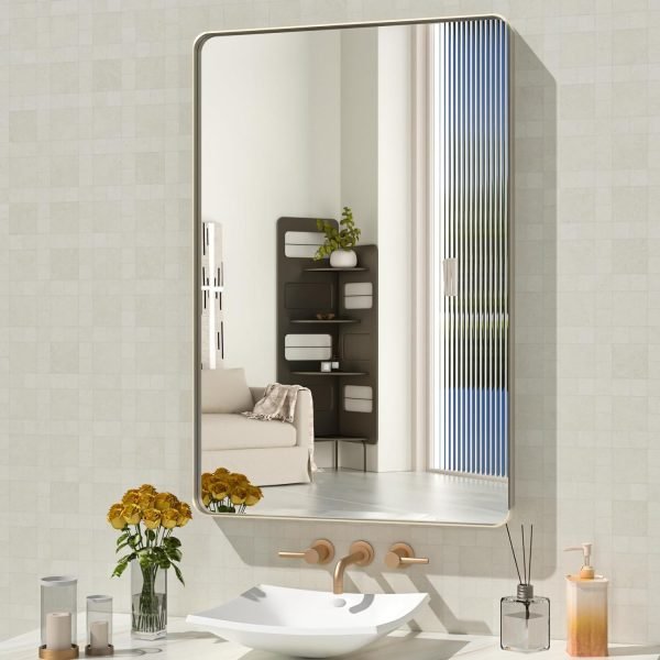 71h09cdnlsL._AC_SL1500 22x30 Inch Bronze Bathroom Mirror for Vanity, Brushed Bronze Metal Frame Mirror for Wall, Rounded Rectangle Bronze Frame Mirror with Tempered Glass, Anti-Rust (Horizontal/Vertical)