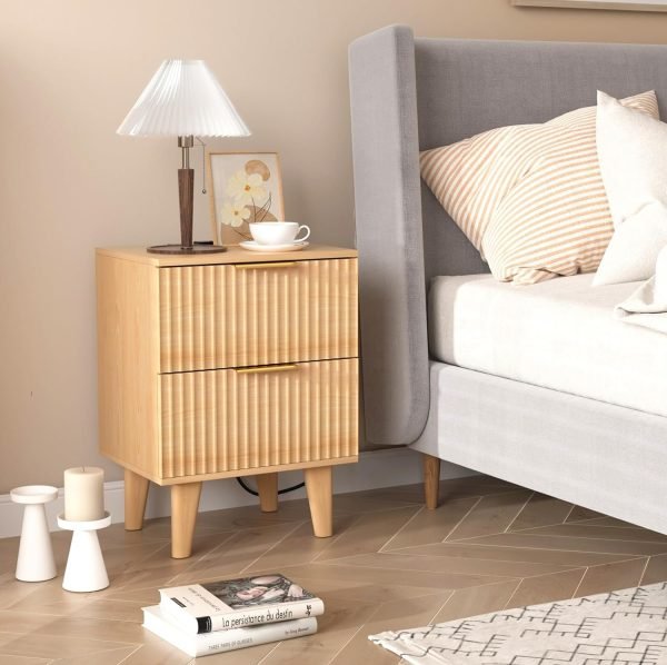 Wooden Nightstand with 2 Drawers, Small Bedside Table with Storage, Mid Century Modern End Side Table with Wood Fluted Drawers for Bedroom, Living Room（Natural）
