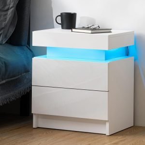 LED Nightstand White Nightstand with Led Lights Modern Night Stand with 2 High Gloss Drawers Led Bedside Table Smart Nightstand for Bedroom 20.5” Tall