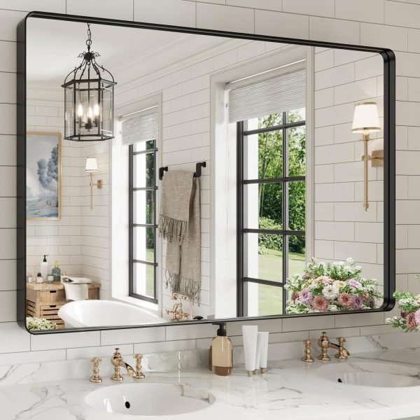 71j7jtd5QxL._AC_SL1500 22x30 Inch Bronze Bathroom Mirror for Vanity, Brushed Bronze Metal Frame Mirror for Wall, Rounded Rectangle Bronze Frame Mirror with Tempered Glass, Anti-Rust (Horizontal/Vertical)