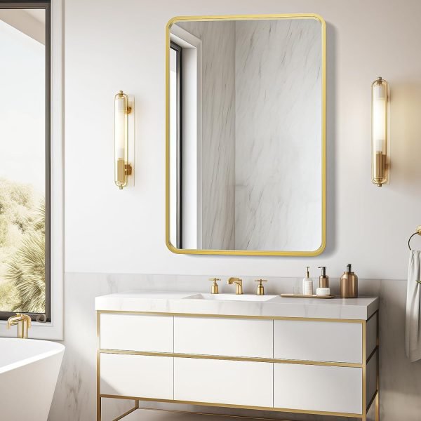 Black Bathroom Mirror 22 x 30 Inch, Matte Black Rectangle Mirror for Wall, Rounded Metal Frame Vanity Mirror