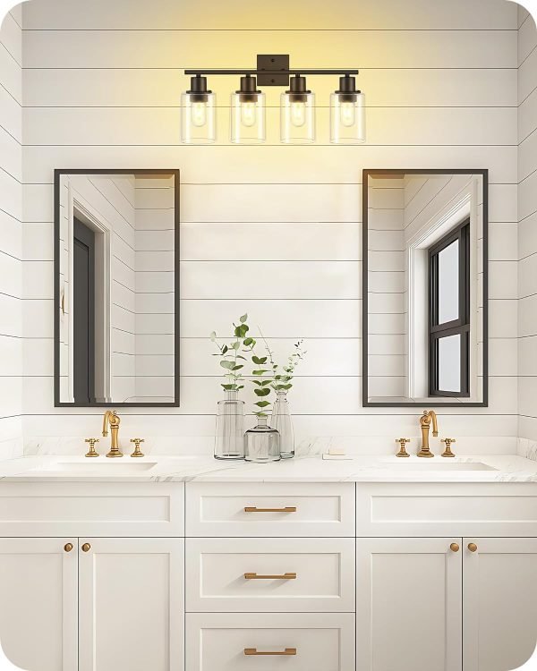 71jH0RPS3XL._AC_SL1500 4-Light Black Bathroom Light Fixture, Vanity Light Over Mirror with Clear Glass Shade, Modern Sconce Wall Lighting with Metal Base, for Mirror Bedroom Powder Room Hallway, Black B04BD05