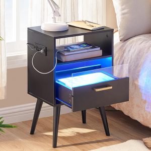 Nightstand with Charging Station and LED Lights, Night Stands with Drawer, End Bedside Table with USB Ports & Outlets, Side Table for Bedroom, LED Nightstands, for Bedroom, Black BB01UDBZ01