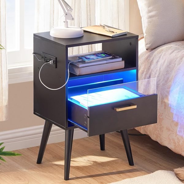 71jP7Y1s2qL._AC_SL1500 Nightstand with Charging Station and LED Lights, Night Stands with Drawer, End Bedside Table with USB Ports & Outlets, Side Table for Bedroom, LED Nightstands, for Bedroom, Black BB01UDBZ01