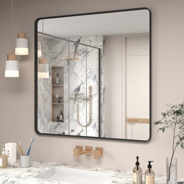71jUMNakZIL._AC_SL1500 20x30 Silver Bathroom Mirror, Silver Wall Mirror for Vanity, Brushed Metal Framed Rectangle Mirror, Anti-Rust, Brushed Nickel,Shatterproof, Round Corners(Horizontally/Vertically)