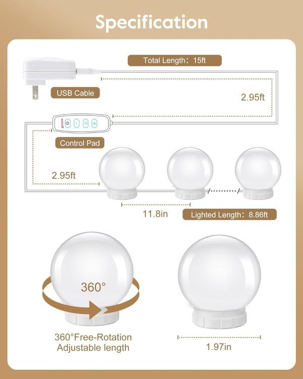 Hollywood Style Led Vanity Mirror Lights Kit - Vanity Lights Have 10 Dimmable Light Bulbs for Makeup Dressing Table and Power Supply Plug in Lighting Fixture Strip, White (No Mirror Included)