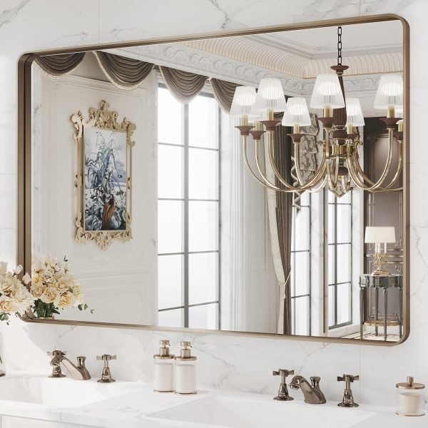 71kFyRpItFL._AC_SL1500 22x30 Inch Bronze Bathroom Mirror for Vanity, Brushed Bronze Metal Frame Mirror for Wall, Rounded Rectangle Bronze Frame Mirror with Tempered Glass, Anti-Rust (Horizontal/Vertical)