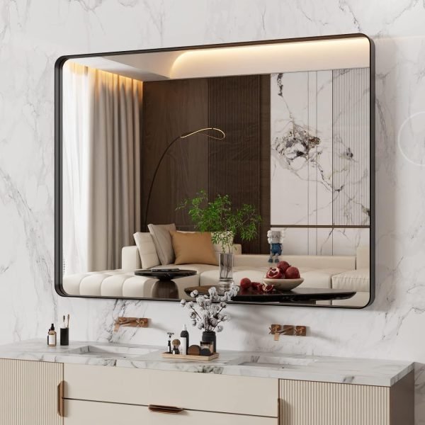 71khHI6tmwL._AC_SL1500 22x30 Inch Bronze Bathroom Mirror for Vanity, Brushed Bronze Metal Frame Mirror for Wall, Rounded Rectangle Bronze Frame Mirror with Tempered Glass, Anti-Rust (Horizontal/Vertical)