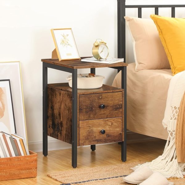 Nightstand, Bedside Table with 2 Drawers and Storage Shelves, Side End Table, Sofa Table for Living Room, Bedroom, Accent Furniture, Easy Assembly, Rustic Brown and Black BF43BZ01G2