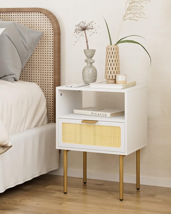 71kuvDW0hbL._AC_SL1500 Rattan Nightstand, Drawer Dresser for Bedroom, Small Side Table with Drawer, Bedside Furniture, Night Stand, End Table with Gold Frame for Bedroom, Living Room, White