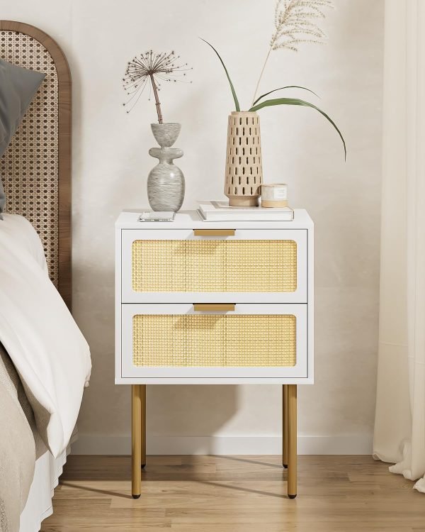 71lRNQp8nKL._AC_SL1500 Rattan Nightstand, Drawer Dresser for Bedroom, Small Side Table with Drawer, Bedside Furniture, Night Stand, End Table with Gold Frame for Bedroom, Living Room, White