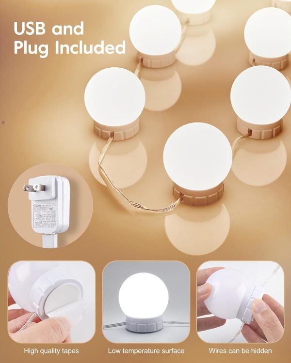 Hollywood Style Led Vanity Mirror Lights Kit - Vanity Lights Have 10 Dimmable Light Bulbs for Makeup Dressing Table and Power Supply Plug in Lighting Fixture Strip, White (No Mirror Included)