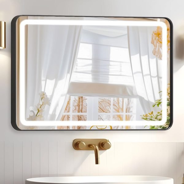 Hollywood Bathroom Mirror 12"*16", Framed Lighted Bathroom Vanity Mirror, Wall Mounted, Dimmable LED Mirror for Bathroom,Gold