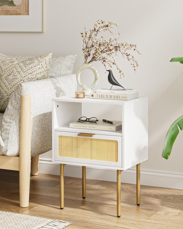 71mDvMnzZNL._AC_SL1500 Rattan Nightstand, Drawer Dresser for Bedroom, Small Side Table with Drawer, Bedside Furniture, Night Stand, End Table with Gold Frame for Bedroom, Living Room, White