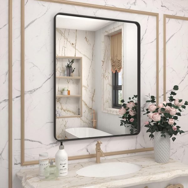 71mIowKJd_L._AC_SL1500 20x30 Silver Bathroom Mirror, Silver Wall Mirror for Vanity, Brushed Metal Framed Rectangle Mirror, Anti-Rust, Brushed Nickel,Shatterproof, Round Corners(Horizontally/Vertically)
