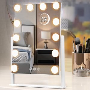 71mJ8loE5GL._AC_SL1500 Vanity Mirror with Lights, Makeup Mirror with Lights Lighted Makeup Mirror with 3 Color Lighting Modes and 12 Dimmable Bulbs, Detachable 5X Magnification, Smart Touch Control, 360°Rotation, White