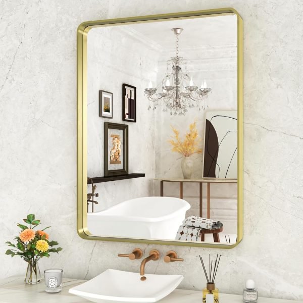 71mVgfSdnmL._AC_SL1500 22x30 Inch Bronze Bathroom Mirror for Vanity, Brushed Bronze Metal Frame Mirror for Wall, Rounded Rectangle Bronze Frame Mirror with Tempered Glass, Anti-Rust (Horizontal/Vertical)