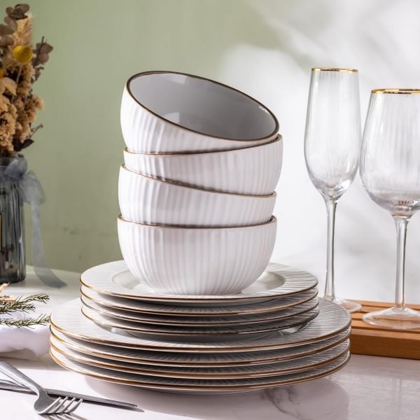 Ceramic Dinnerware Sets, Embossed White Stoneware Plates and Bowls Sets, Housewarming Wedding Gift | Dishwasher & Microwave Safe | Dishes Set Service for 4