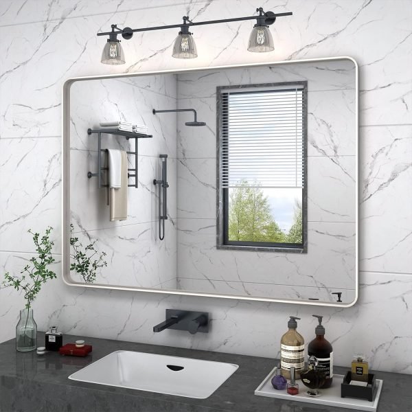 71n6xEUCrDL._AC_SL1500 20x30 Silver Bathroom Mirror, Silver Wall Mirror for Vanity, Brushed Metal Framed Rectangle Mirror, Anti-Rust, Brushed Nickel,Shatterproof, Round Corners(Horizontally/Vertically)