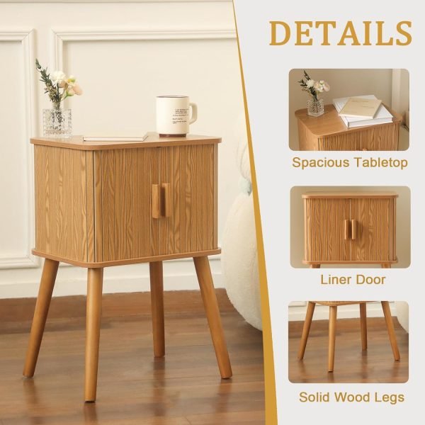 Mid Century Modern Nightstand, Bedside Table with Sliding Fluted Doors, End Tables Living Room with 2-Tier Storage Cabinet and Solid Wood Legs for Bedroom and Small Space, Brown