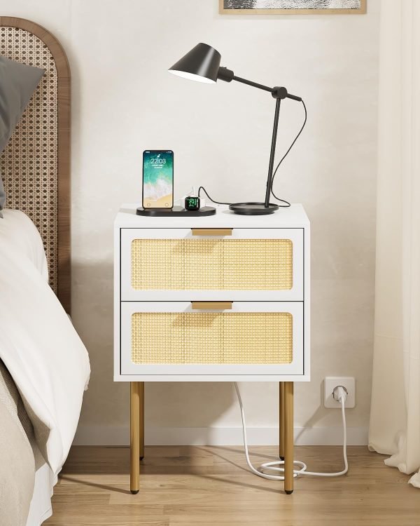 71nIJhTWrFL._AC_SL1500 Rattan Nightstand, Drawer Dresser for Bedroom, Small Side Table with Drawer, Bedside Furniture, Night Stand, End Table with Gold Frame for Bedroom, Living Room, White