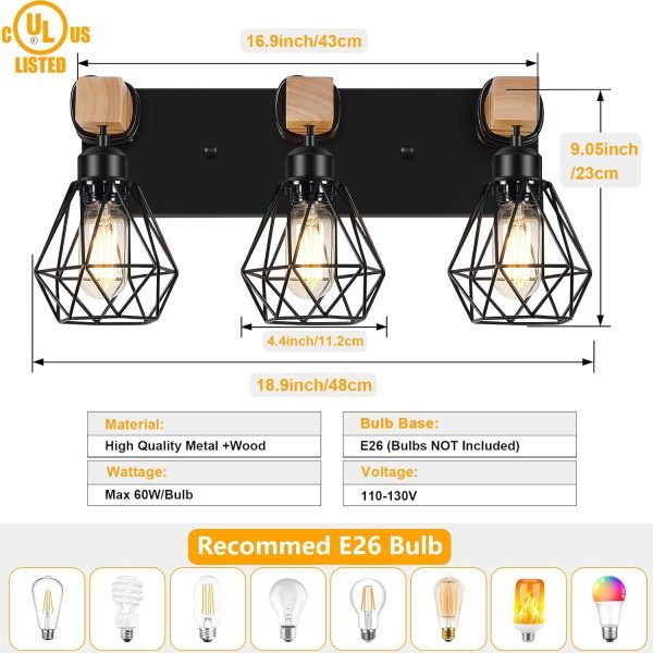 3-Light Farmhouse Bathroom Vanity Light Fixtures, Wood Bathroom Lighting Over Mirror, Black Vanity Lights with Metal Lampshade, Vintage Wall Light Fixtures for Bedroom, Living Room, Hallway