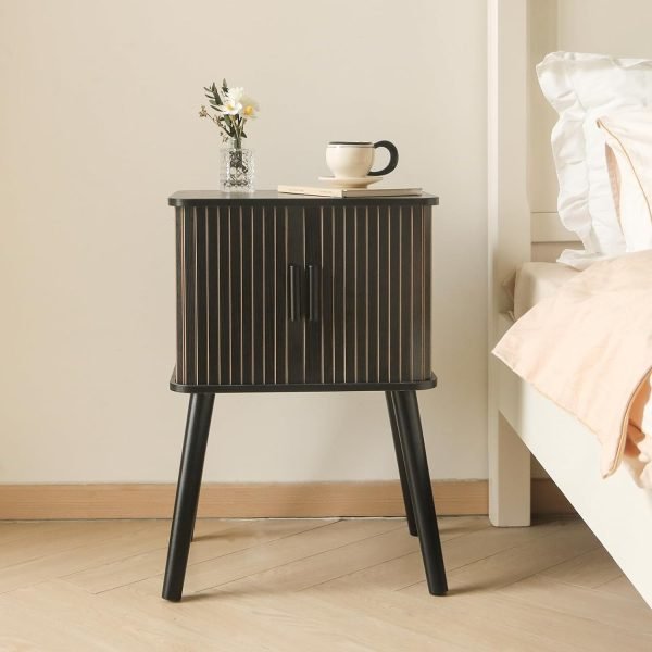 Mid Century Modern Nightstand, Bedside Table with Sliding Fluted Doors, End Tables Living Room with 2-Tier Storage Cabinet and Solid Wood Legs for Bedroom and Small Space, Brown