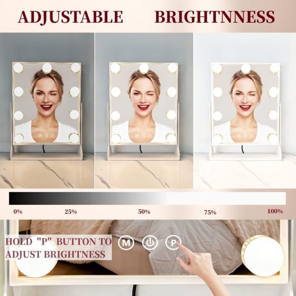 Vanity Mirror with Lights, Hollywood Lighted Makeup Mirror with 9 Dimmable LED Bulbs, 3 Color Lighting Modes, Detachable 10X Magnification, 360°Rotation,White