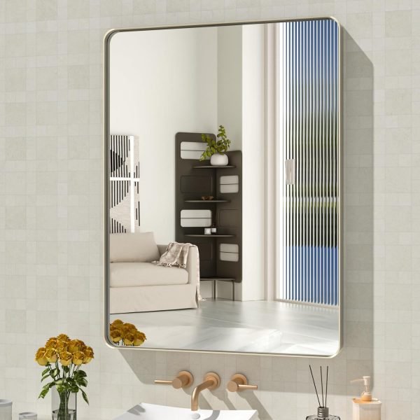 71oN-JXDTCL._AC_SL1500 22x30 Inch Bronze Bathroom Mirror for Vanity, Brushed Bronze Metal Frame Mirror for Wall, Rounded Rectangle Bronze Frame Mirror with Tempered Glass, Anti-Rust (Horizontal/Vertical)