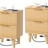 Wooden Nightstand with 2 Drawers, Small Bedside Table with Storage, Mid Century Modern End Side Table with Wood Fluted Drawers for Bedroom, Living Room（Natural）