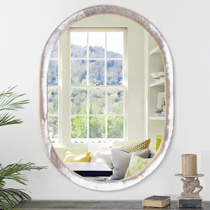 Large Oval Wood Mirror 26 x 18 Inch, Wall Framed Bathroom Mirror for Vanity Farmhouse Rustic White Mirror for Vanity Living Room Entryway Bedroom