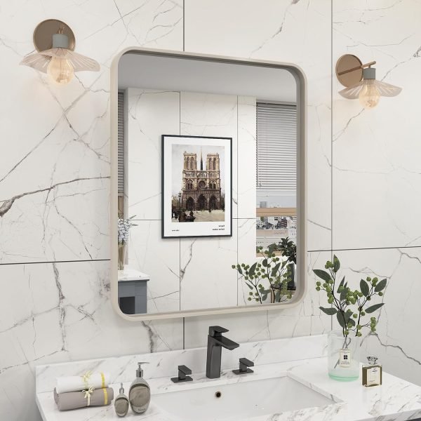 71pBP4_58NL._AC_SL1500 20x30 Silver Bathroom Mirror, Silver Wall Mirror for Vanity, Brushed Metal Framed Rectangle Mirror, Anti-Rust, Brushed Nickel,Shatterproof, Round Corners(Horizontally/Vertically)