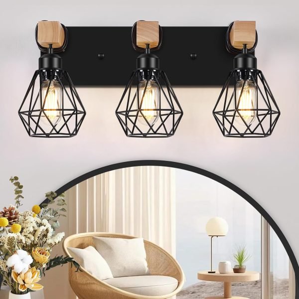 3-Light Farmhouse Bathroom Vanity Light Fixtures, Wood Bathroom Lighting Over Mirror, Black Vanity Lights with Metal Lampshade, Vintage Wall Light Fixtures for Bedroom, Living Room, Hallway