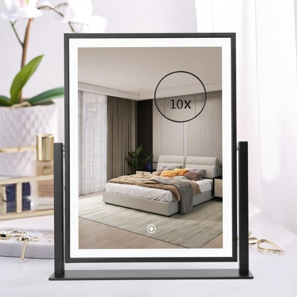 71pYncH2M4L._AC_SL1500 Lighted Vanity Mirror Fashion Makeup Mirror 12in Black for Desktop with Detachable,10x Magnifying,360° Rotation,Adjustable Warm White/Natural/Daylight Dimmable Light Memory,Birthday Gift for Woman