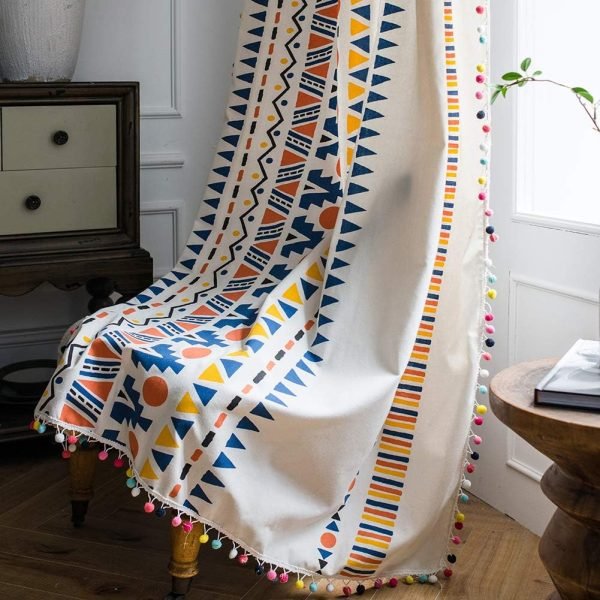 Geometric Semi-Blackout Window Curtains 2 Panels Boho Linen Room Darkening Curtains Tassels Rod Pocket Window Drapes for Bedroom Living Room(52" W x 63" L Pair, Cream)