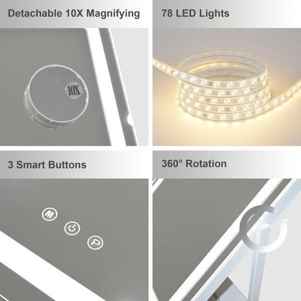 71qo3yPXiTL._AC_SL1500 Hollywood Vanity Mirror with Lights, Lighted Vanity Mirror with Detachable 10X Magnification Mirror, 3 Colors, 1200mAh Rechargeable Standing Makeup Mirror with Lights White