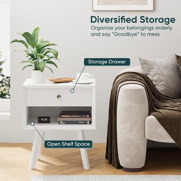 White Night Stand, Mid Century Modern Wood Nightstand with One Drawer, Bedside Table with Open Storage Shelf and Solid Wood Legs, Bed Side Table for Bedroom, End Tables for Living Room