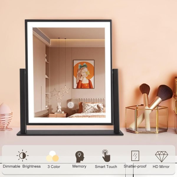 71raHX9o8RL._AC_SL1500 Makeup Mirror with Lights, Fashion Lighted Vanity Mirror with Dimmable Light, Smart Control, Adjustable Warm White/Natural/Daylight, Birthday Wedding Gift, 360°Rotation (Black, 13inch)