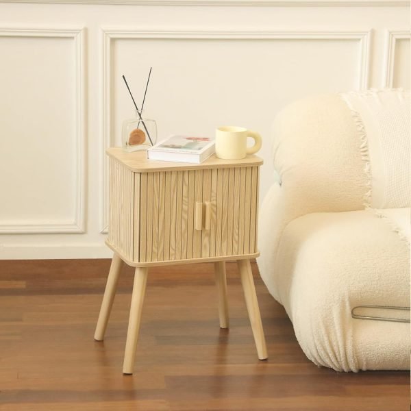 Mid Century Modern Nightstand, Bedside Table with Sliding Fluted Doors, End Tables Living Room with 2-Tier Storage Cabinet and Solid Wood Legs for Bedroom and Small Space, Brown