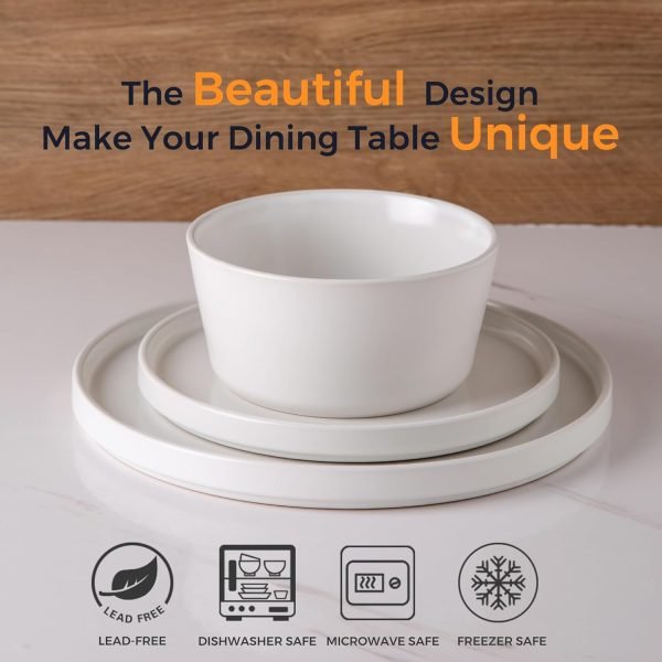 Ceramic Dinnerware Sets of 4, Modern Flat Stoneware Plates and Bowls Sets,Chip and Crack Resistant | Dishwasher & Microwave Safe Dishes Set,Scratch Resistant- Service for 4 (12pc)-Matte White