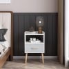 NightStand with Fabric Drawer, Bedside Table with Solid Wood Legs, Minimalist and Practical End Side Table with Open Storage Shelf for Bedroom, White.