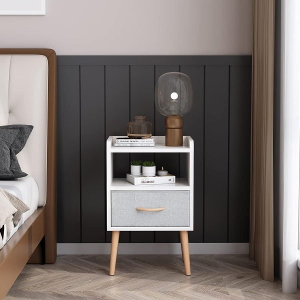 NightStand with Fabric Drawer, Bedside Table with Solid Wood Legs, Minimalist and Practical End Side Table with Open Storage Shelf for Bedroom, White.