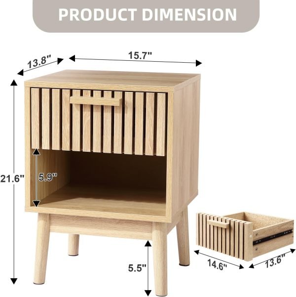 71tNo0ackdL._AC_SL1500 Boho Nightstand, Small Side Table Night Stand with Drawer Open Shelf, Bedside End Table with Wood Strip Decorated Drawer for Bedroom, Living Room, Dorm and Small Spaces (Natural)