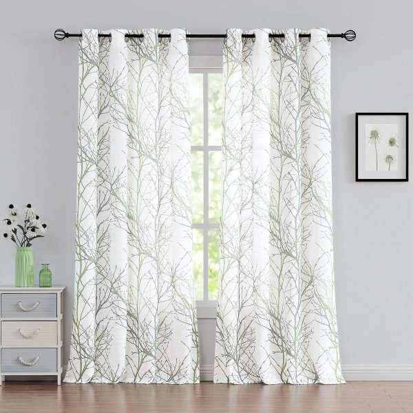 Tree Print Yellow Grey and White Curtains for Living Room Windows - Linen Textured Grommet Branches Pattern Window Treatment Set for Bedroom - 50" W x 96" L - (2 Panels)
