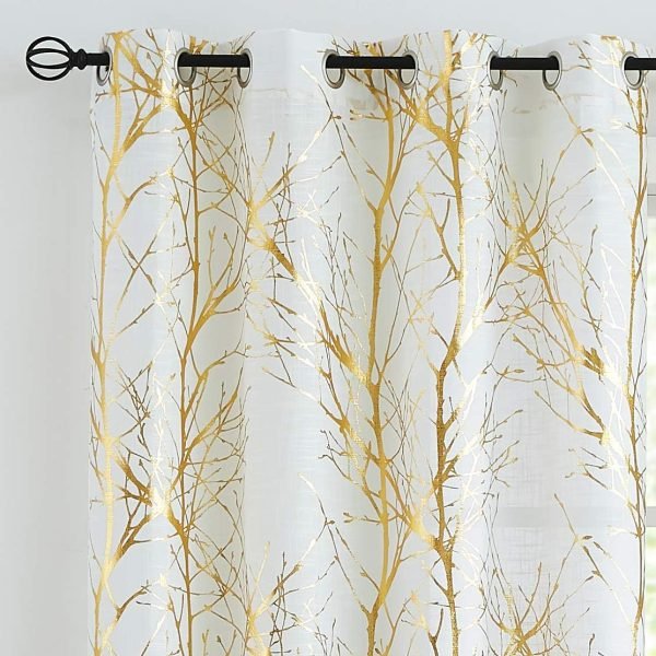 Tree Print Yellow Grey and White Curtains for Living Room Windows - Linen Textured Grommet Branches Pattern Window Treatment Set for Bedroom - 50" W x 96" L - (2 Panels)