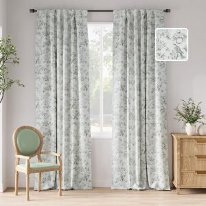 71vWD3lzG4L._AC_SL1000 100% Blackout Floral Curtains 96 Inches Long, Printed Flower Sage Green Blackout Curtains for Bedroom Rod Pocket Back Tab Full Blackout Curtains Thermal Insulated Window Drapes, 2 Panels