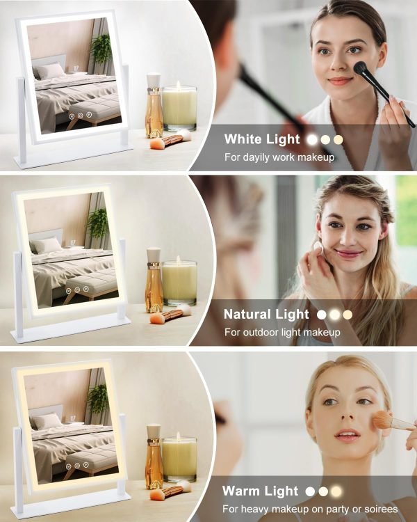 Vanity Mirror with Lights, Hollywood Makeup Mirror with Lights Phone Holder, Smart Touch Control, 3 Color Lighting Modes with Detachable 10x Magnification Mirror, 360°Rotation, White